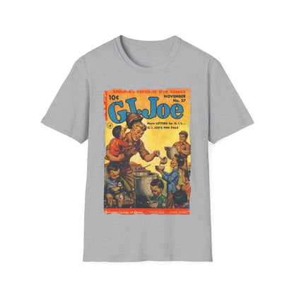 Close-up of the G.I. Joe No.27 softstyle T-shirt hem showing slim fit, heather gray fabric, and stitched neckline detail.