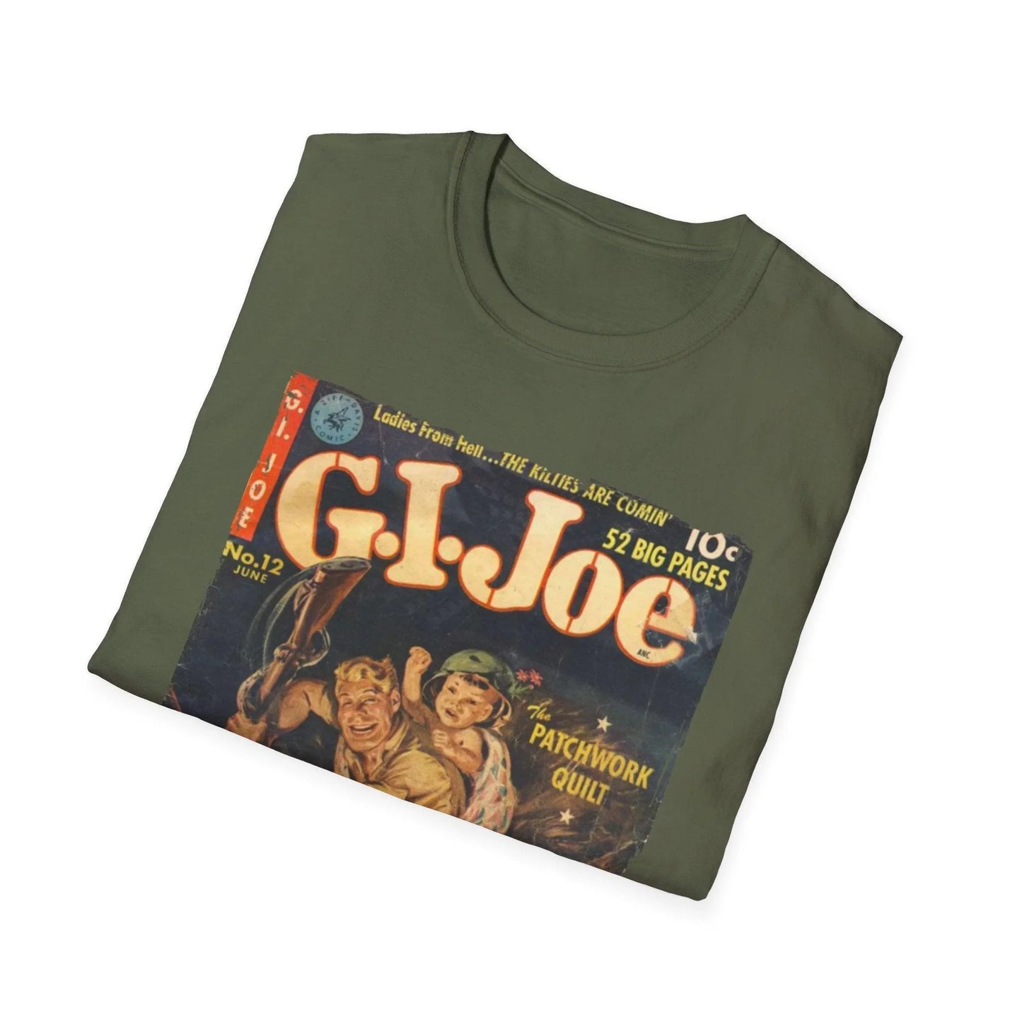 Close-up of the G.I. Joe No.12 T-shirt's neckline and subtle tag detail on soft cotton fabric in crimson red color.