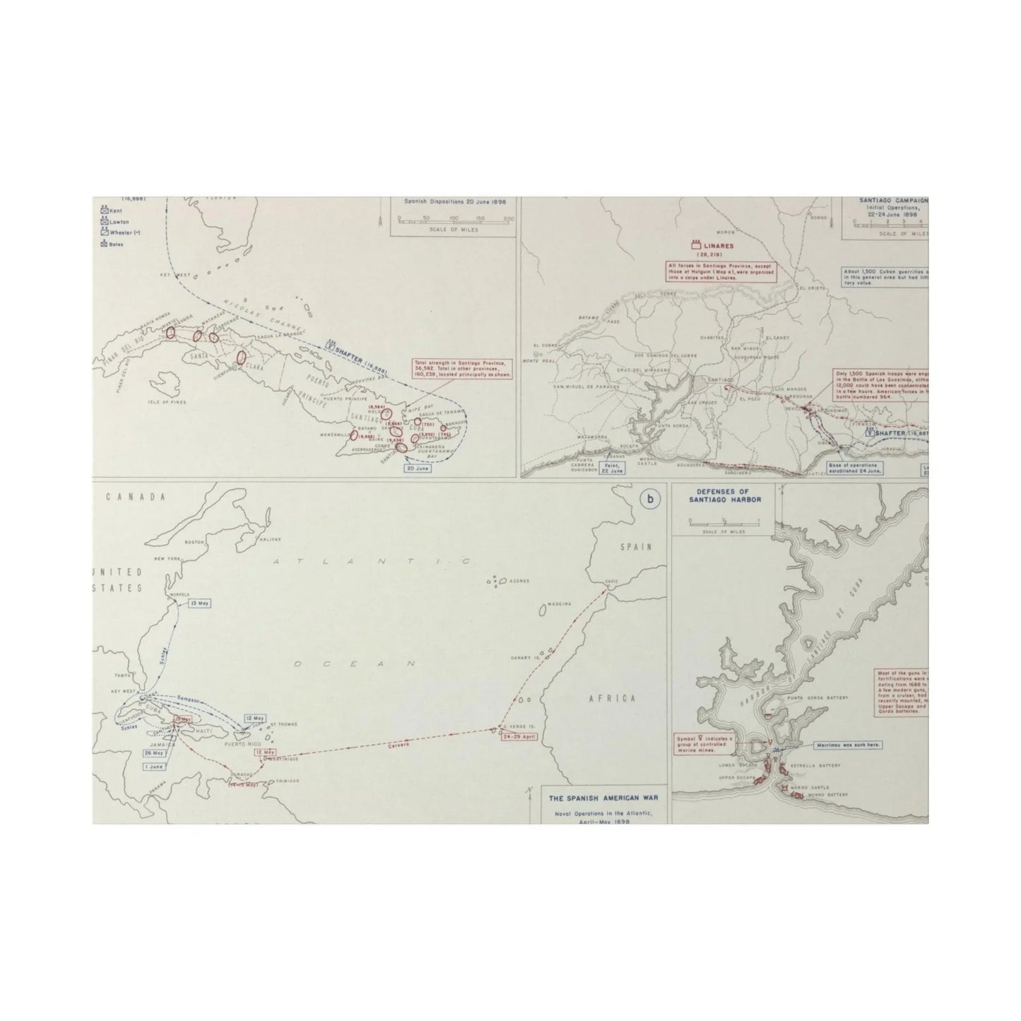 Spanish-American War, Santiago Campaign, Naval Operatoins in the Atlantic Apr-May, Defenses of Santiago Harbor, Spanish Dispositions 20 June, Initial Ops 22-24 June 1898 - Pacific Sky Games