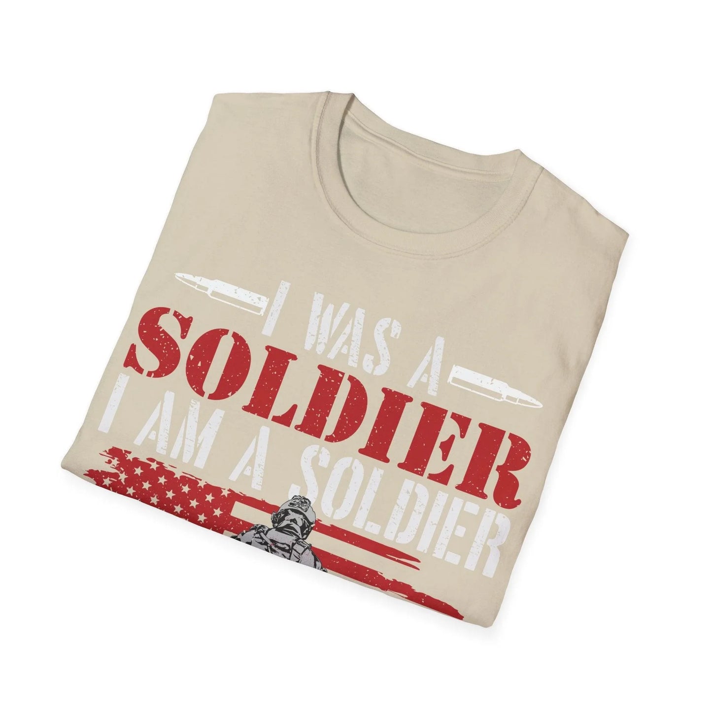 Close-up of the soft cotton fabric featuring the "Always Be A Soldier" printed label on the relaxed fit black T-Shirt