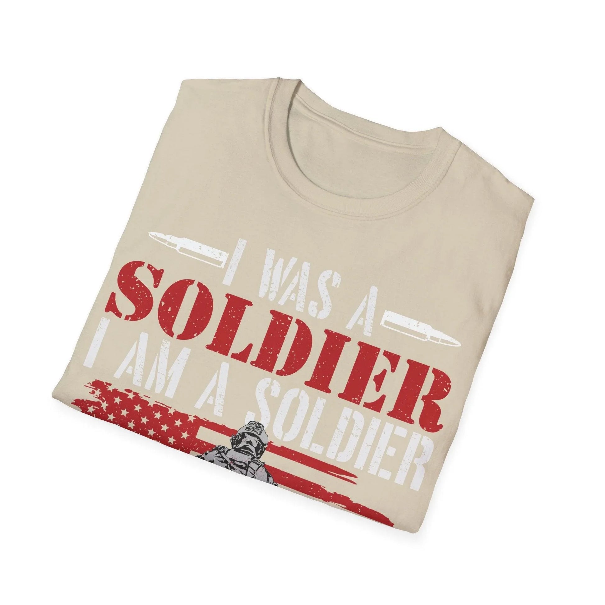 Close-up of the soft cotton fabric featuring the "Always Be A Soldier" printed label on the relaxed fit black T-Shirt