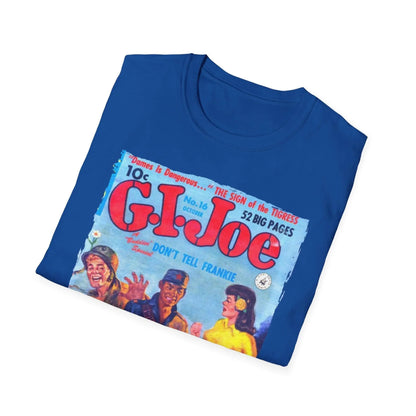 Close-up of the G.I. Joe No.16 T-shirt fabric showing relaxed fit, heather navy color, and fine stitching details at the