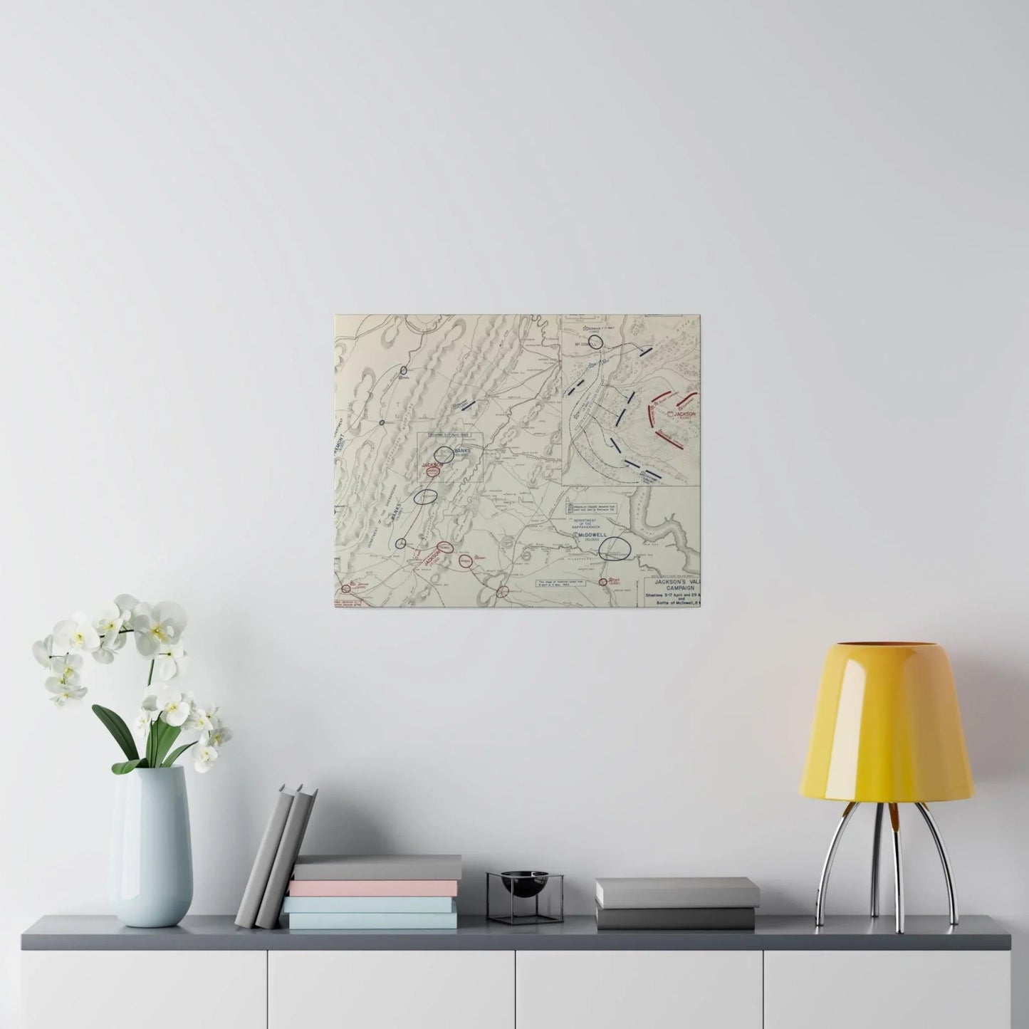 Close-up of canvas texture highlighting the detailed print of Battle of McDowell scene from Jackson's Valley Campaign.