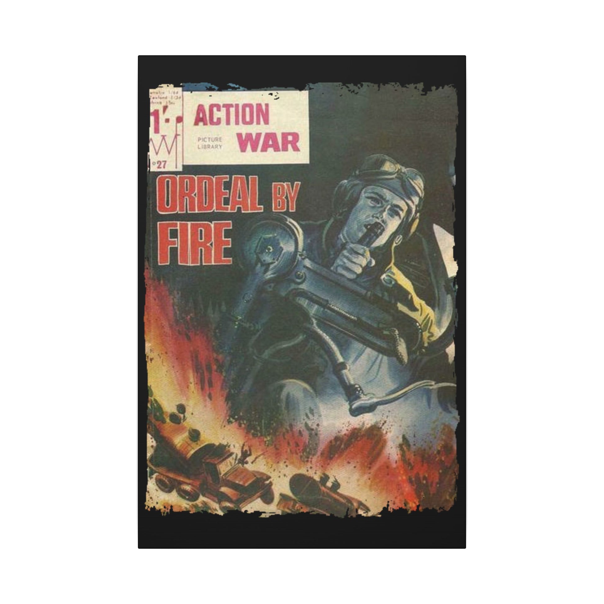 Close-up of Action War #27 canvas artwork highlighting textured brushstrokes and vibrant color details on the print's