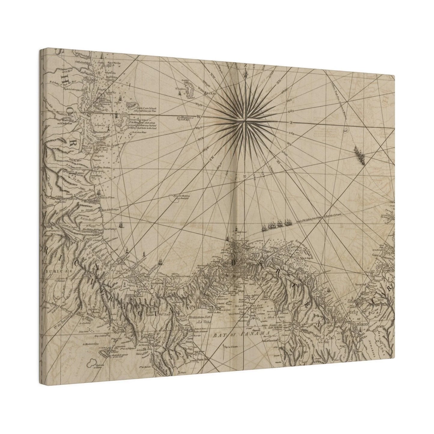 Close-up of detailed map textures highlighting the vibrant color variations along the Panama coast from a diagonal angle