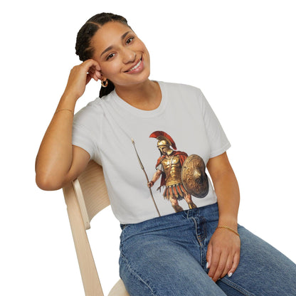 Close-up of the unisex softstyle fabric texture highlighting the relaxed fit and vibrant navy color pattern on the Ancient