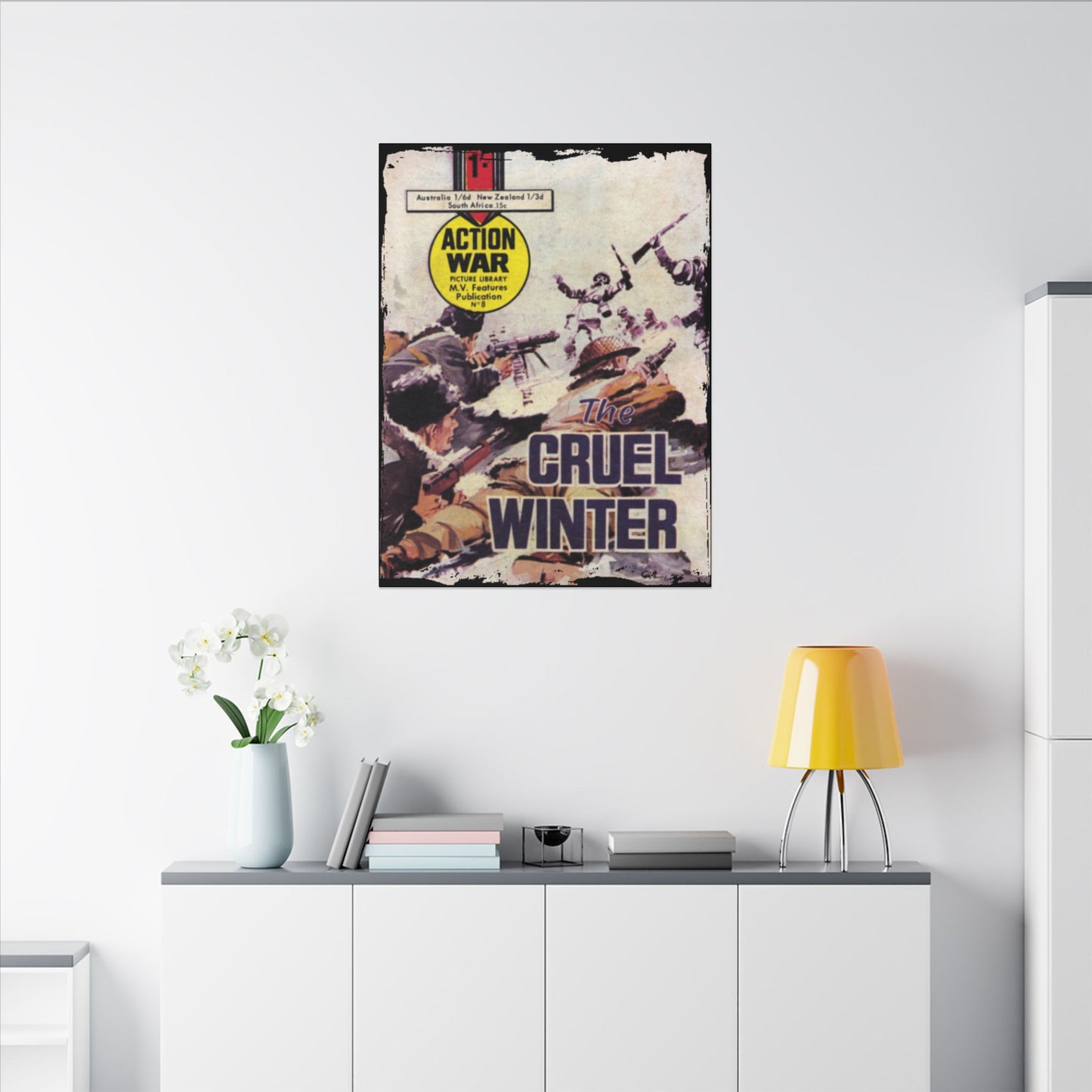 Close-up of the textured canvas surface highlighting vibrant ink details and subtle brushstroke effects from a top-down