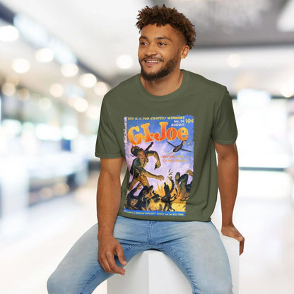 Close-up of the unisex softstyle fabric label showing "G.I. Joe No.24" branding on the relaxed fit, navy blue T-shirt with