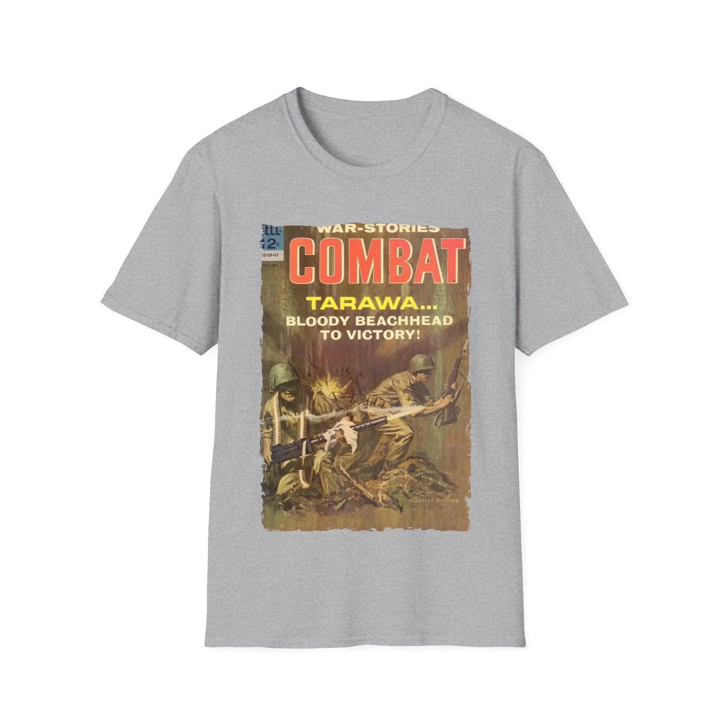 Front neckline detail highlighting the soft cotton fabric, slim fit, and classic crew neck of the Combat Dec 1964 T-Shirt in