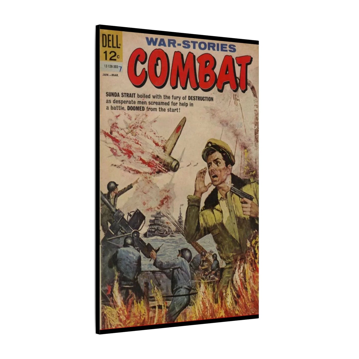 Close-up of textured canvas surface highlighting the rugged, aged finish and worn edges of the Combat, Mar 1963 artwork.