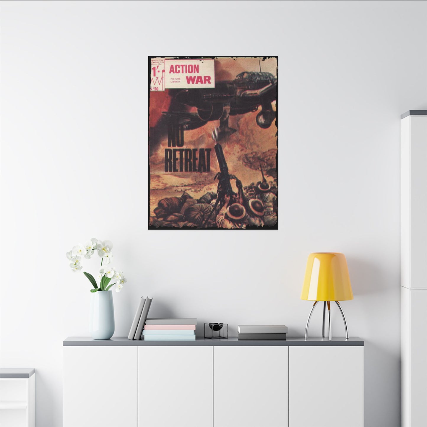 Close-up of the textured canvas surface highlighting the detailed stitching and vibrant printed artwork from the Action War