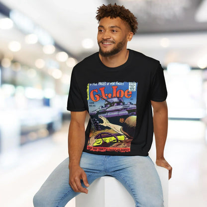 Close-up of the G.I. Joe No.45 unisex softstyle t-shirt’s navy fabric displaying the smooth texture and subtle heather