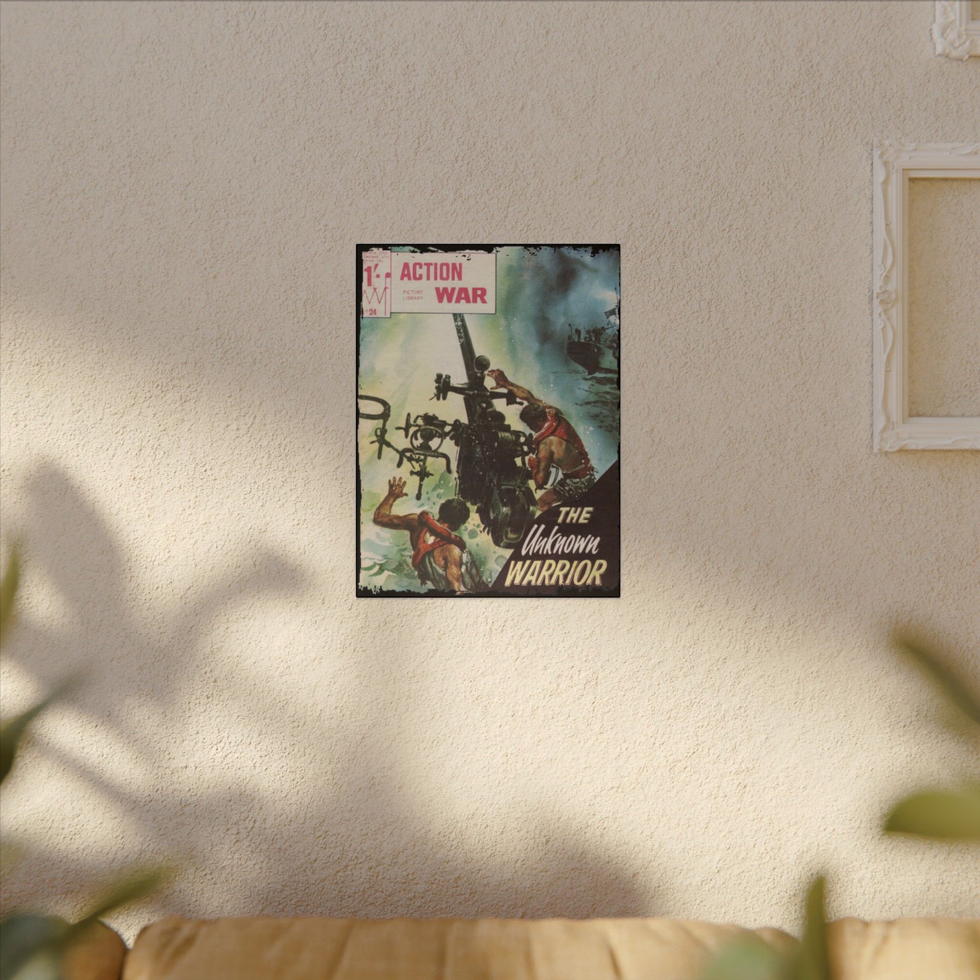 Close-up of the textured canvas material highlighting the detailed weave and rich color vibrancy of Action War #24 print