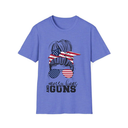 Close-up of the soft, heathered gray fabric showing the subtle texture and relaxed fit neckline of the Messy Buns & Guns