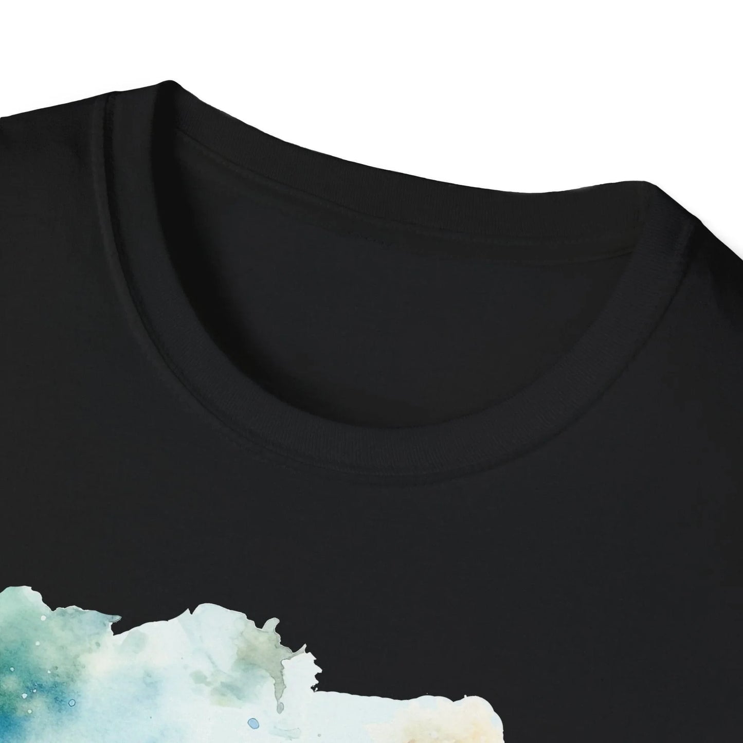 Close-up of the unisex softstyle fabric showing subtle heather texture and reinforced neckline stitching at the shoulder