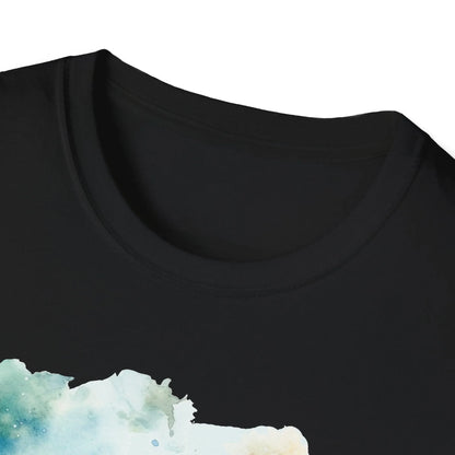 Close-up of the unisex softstyle fabric showing subtle heather texture and reinforced neckline stitching at the shoulder