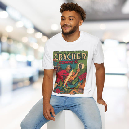 Close-up of the Cracker 1943 unisex softstyle T-shirt’s white fabric tag with black branding on relaxed-fit black cotton
