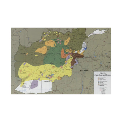 Close-up of detailed map markings highlighting insurgent group locations on the canvas at an eye-level angle.