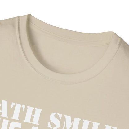 Close-up of the Death Smiles T-Shirt's relaxed fit fabric in charcoal gray, highlighting the soft cotton blend texture and