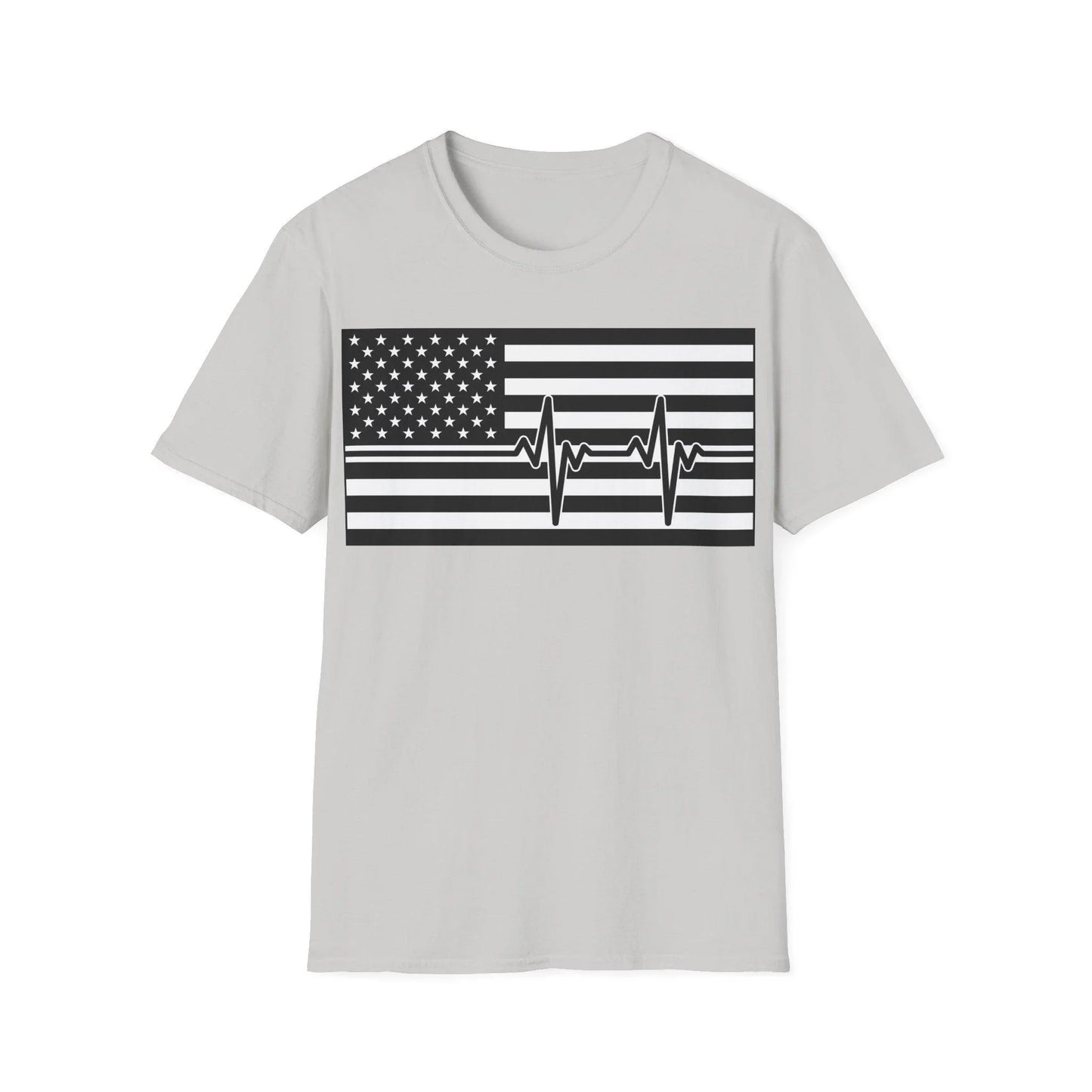 Close-up of black and white American flag heartbeat design on the chest area, highlighting the smooth fabric and detailed