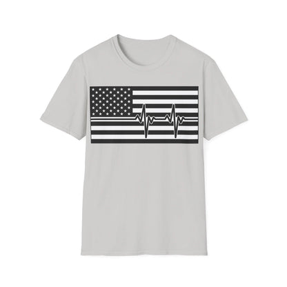 Close-up of black and white American flag heartbeat design on the chest area, highlighting the smooth fabric and detailed