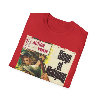 Close-up of the unisex softstyle T-shirt's subtle fabric texture and relaxed fit showcased from a slightly elevated angle.