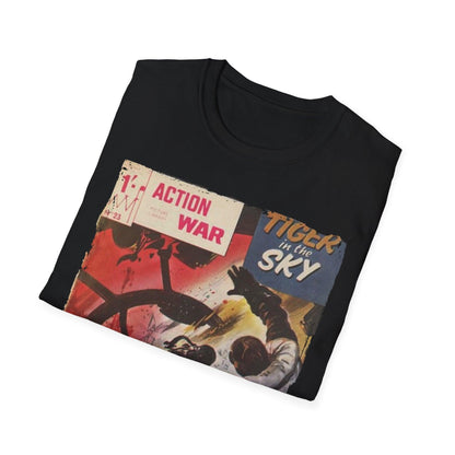 Close-up of the unisex softstyle T-shirt neckline featuring a sewn-in tag and smooth fabric texture in vibrant Action War