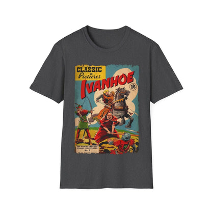 Close-up of the Ivanhoe 1949 unisex softstyle T-shirt's navy fabric hem detail and stitched neckline at a slight angle.