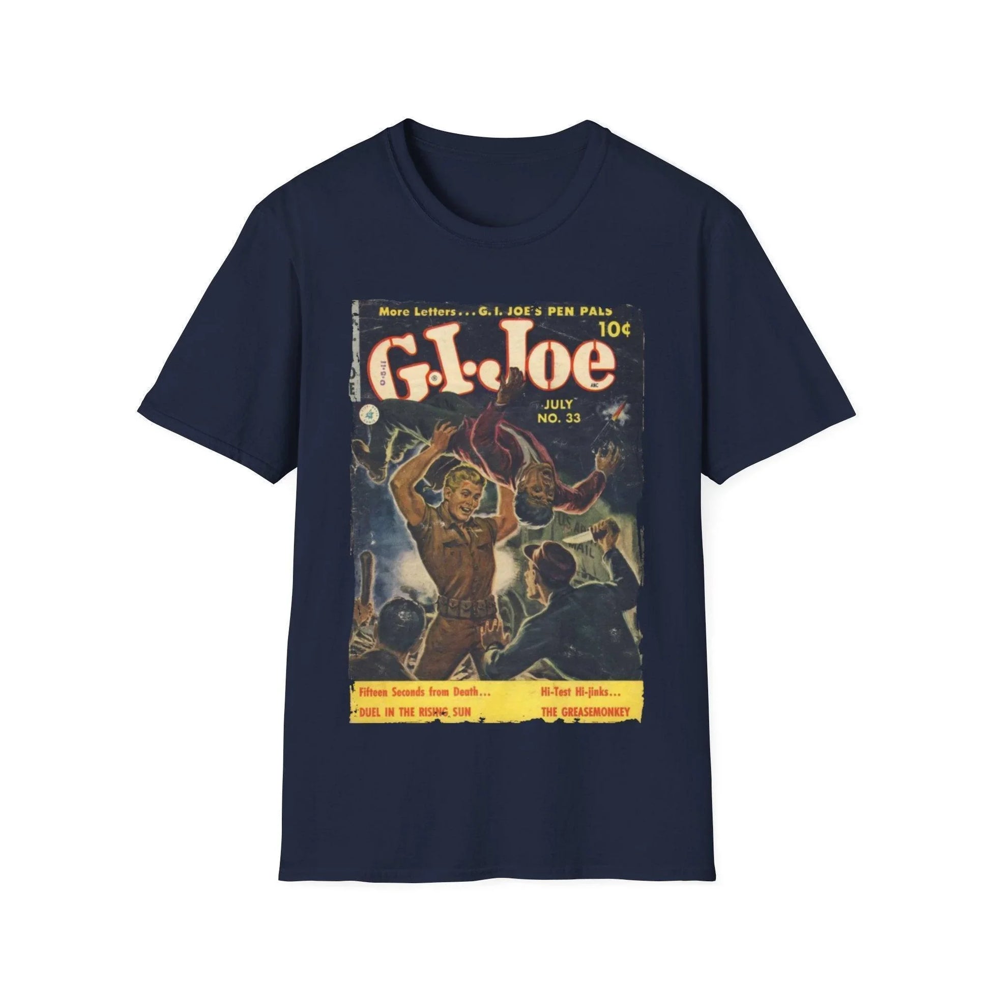 Close-up of the G.I. Joe No.33 softstyle T-shirt's relaxed fit tag and cotton-blend fabric detail at the neckline