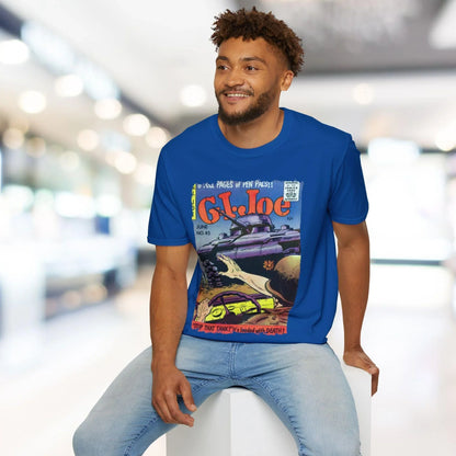 Close-up of the G.I. Joe No.45 softstyle T-shirt's fabric weave and vibrant red color at a slight angle, highlighting the