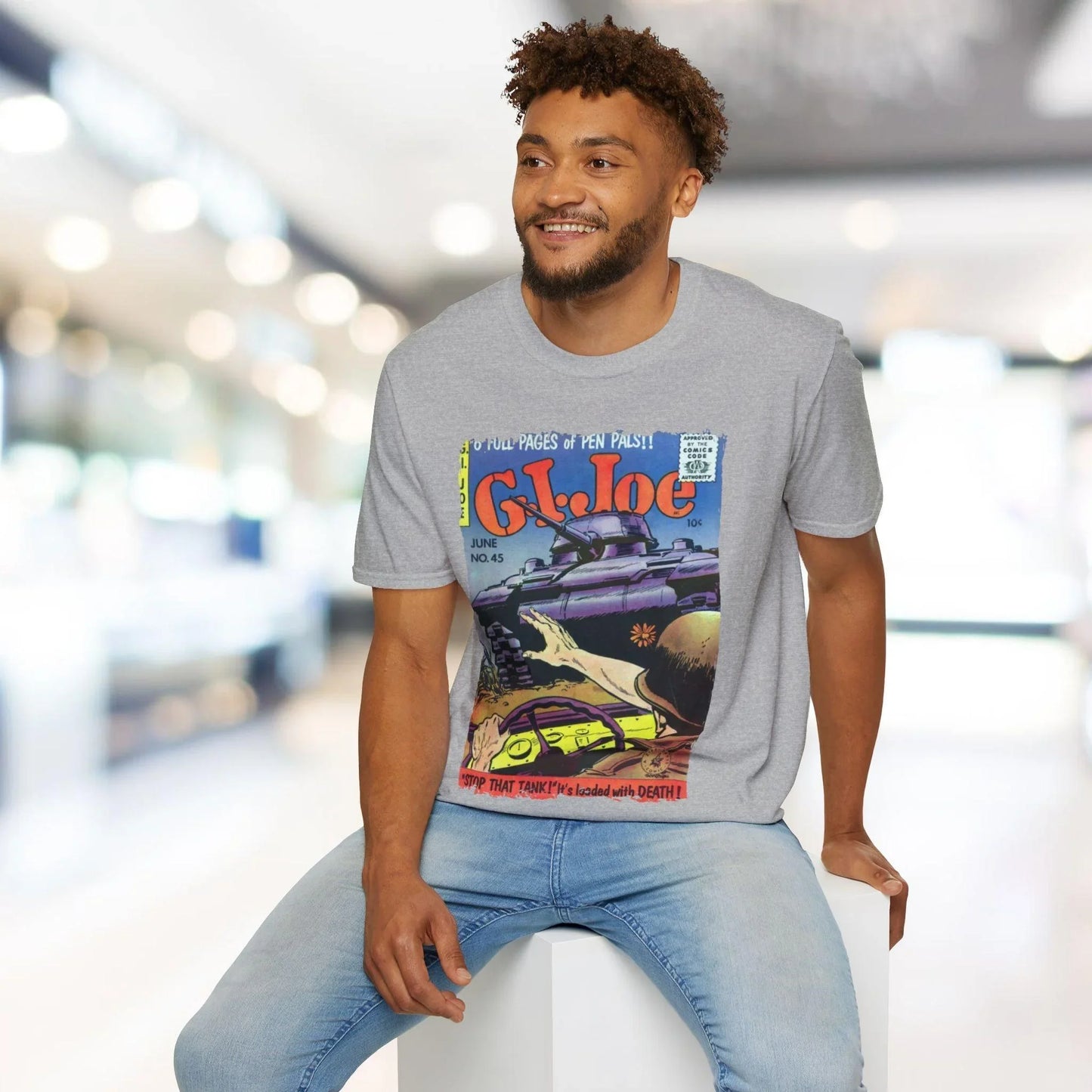 Close-up of the G.I. Joe No.45 softstyle T-shirt's beige fabric collar and stitched neckline detail from an overhead