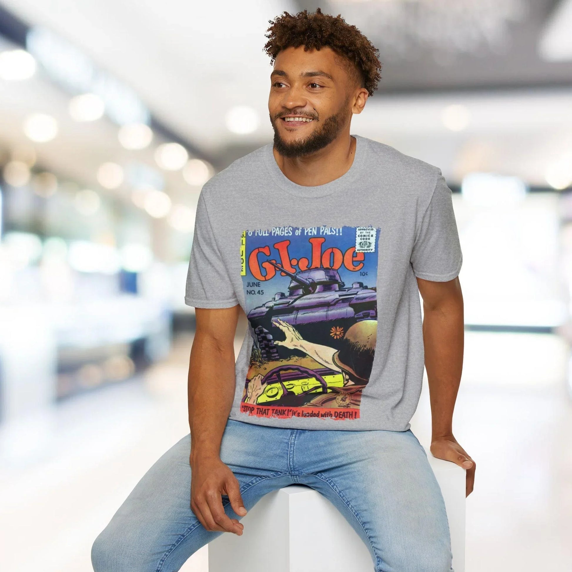 Close-up of the G.I. Joe No.45 softstyle T-shirt's beige fabric collar and stitched neckline detail from an overhead