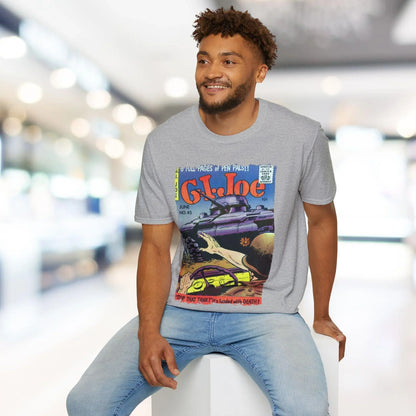 Close-up of the G.I. Joe No.45 softstyle T-shirt's beige fabric collar and stitched neckline detail from an overhead