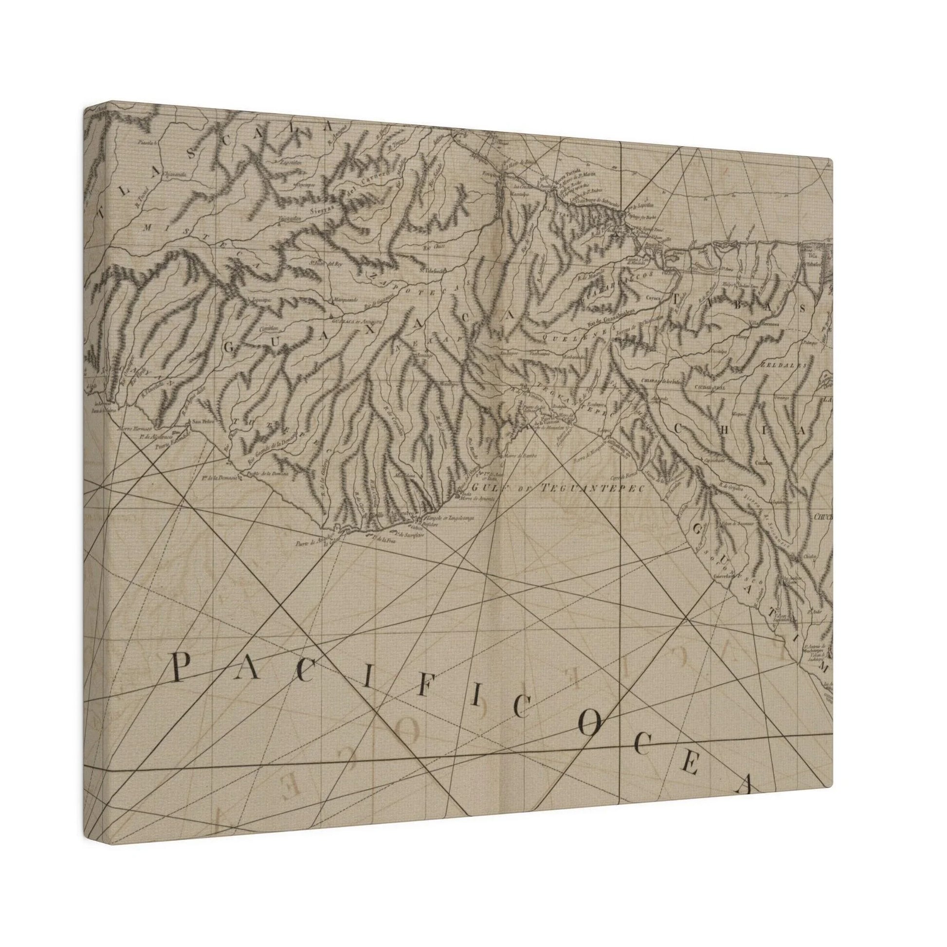 Close-up of textured canvas surface highlighting subtle brushstroke details and creamy color tones from a top-down angle.