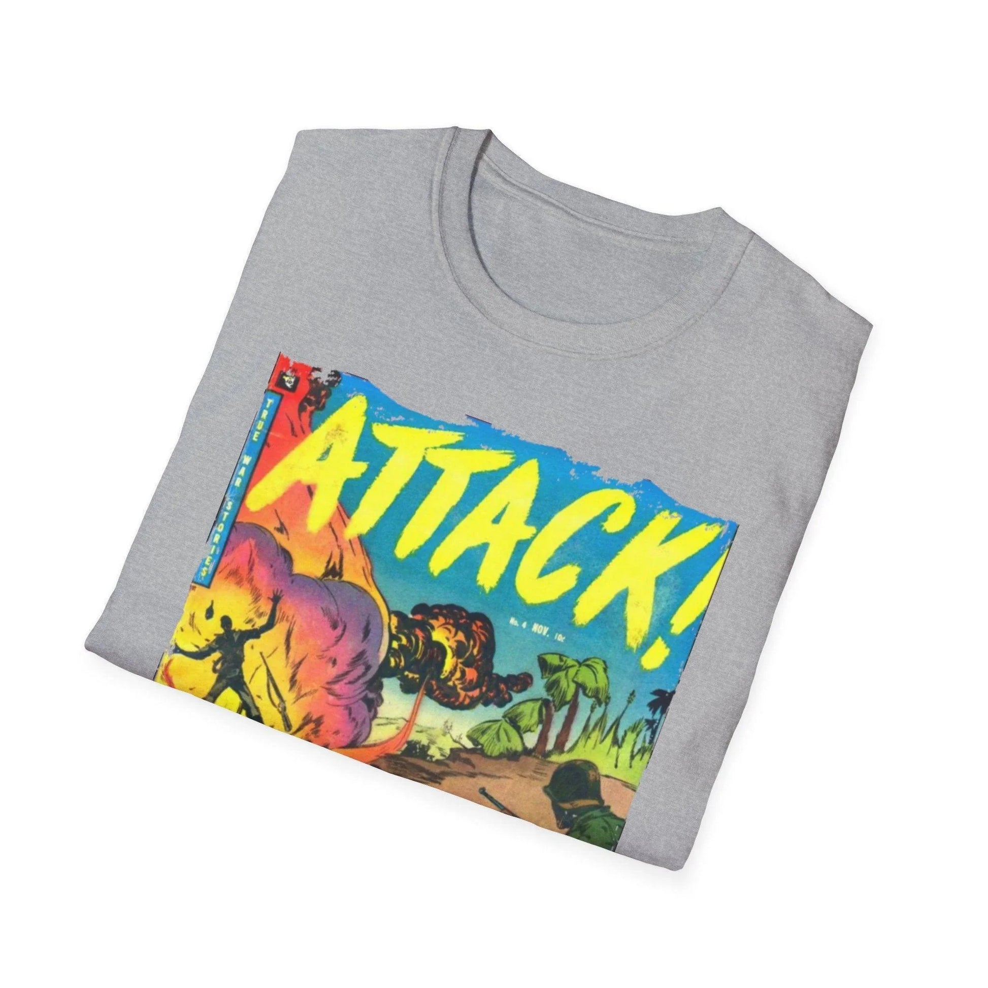 Close-up of the soft, heather grey fabric texture and neckline stitching on the Attack! Nov 1952 unisex T-shirt from a