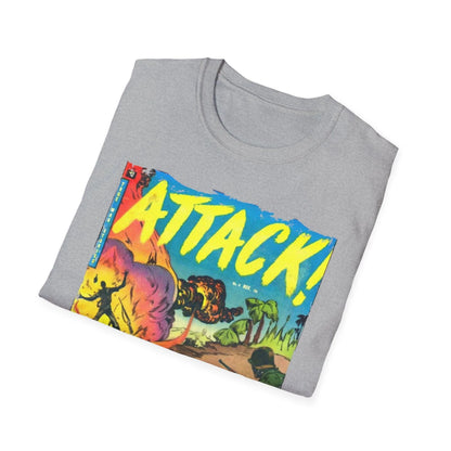 Close-up of the soft, heather grey fabric texture and neckline stitching on the Attack! Nov 1952 unisex T-shirt from a