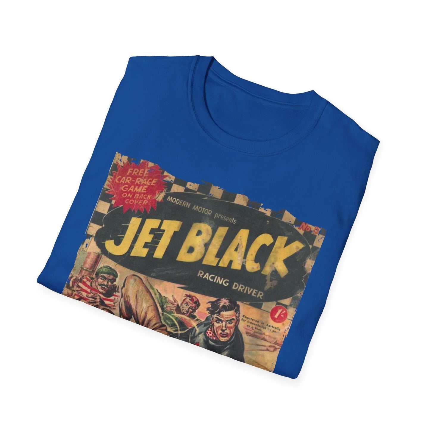 Close-up of the Jet Black No.5 unisex softstyle T-shirt neckline with visible stitching and smooth fabric texture at a