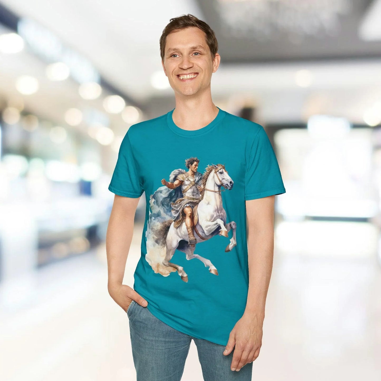 Close-up of the unisex softstyle fabric showing smooth heathered texture and relaxed fit, with vivid warrior artwork at