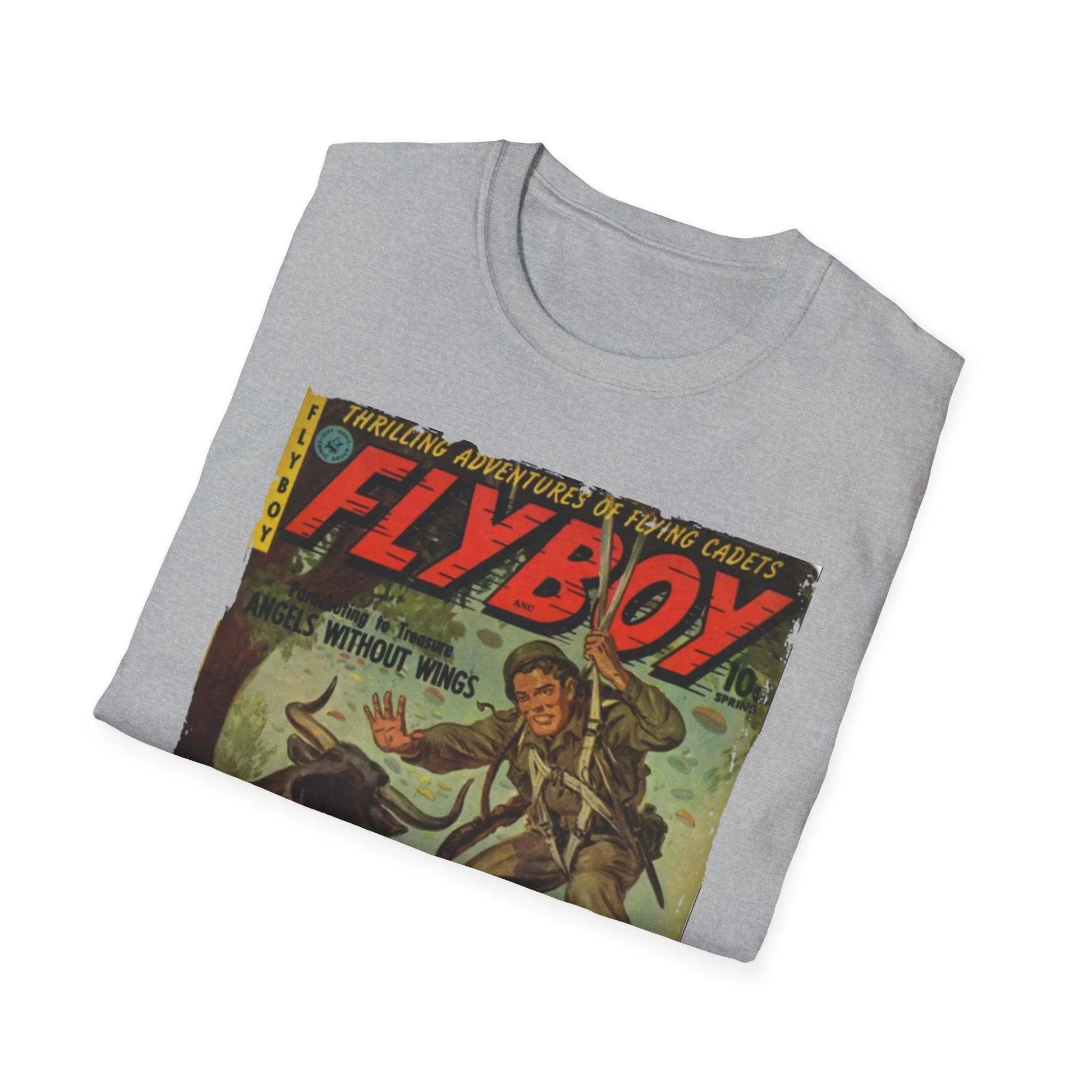 Close-up of the Flyboy No.1 unisex softstyle T-shirt's fabric texture and vibrant black color from a top-down angle