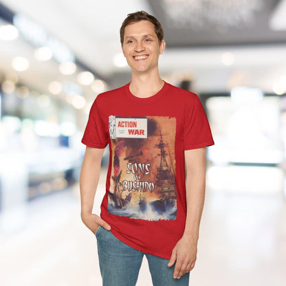 Close-up of the unisex softstyle T-shirt's light gray fabric texture and subtle heather pattern around the collar and sleeve