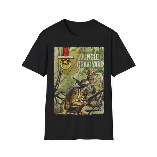 Printify Action War #3 unisex softstyle T-shirt in black with crew neck, regular fit, cotton fabric, featuring bold graphic