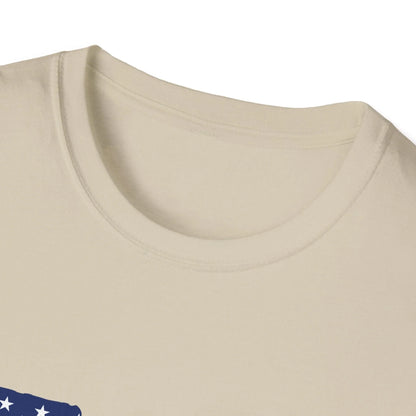 Close-up of the unisex softstyle fabric with American flag guns print on white T-shirt, highlighting vibrant colors and