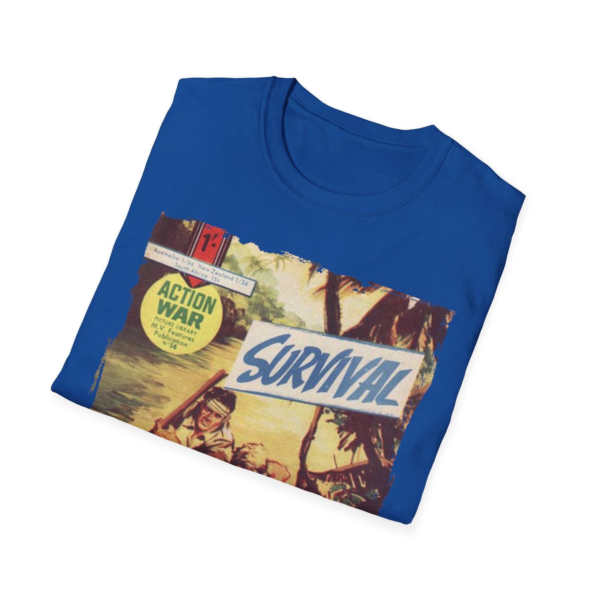 Close-up of the unisex softstyle T-shirt's chest label displaying the Action War #14 logo on smooth cotton fabric with a