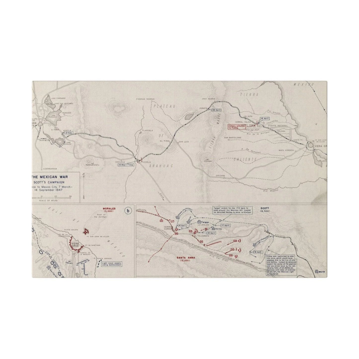 Close-up of textured canvas surface highlighting detailed brushwork of the 1847 Mexican War campaign scene.