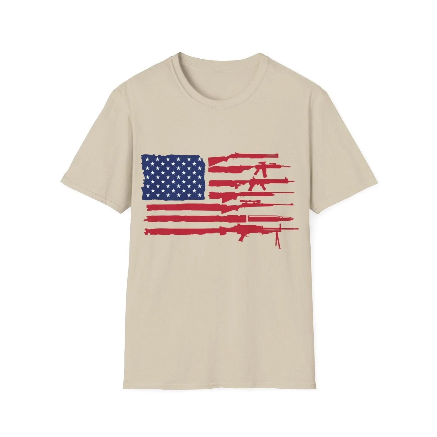 Close-up of the American flag and guns graphic on the chest of the unisex softstyle T-shirt, highlighting vibrant print