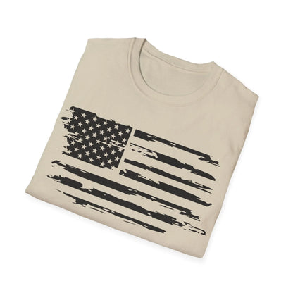 Close-up of distressed American flag black and white graphic on soft cotton fabric, highlighting faded print detail on