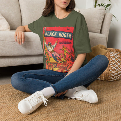 Close-up of the black soft cotton fabric displaying the seamless collar and relaxed fit neckline detail from an overhead