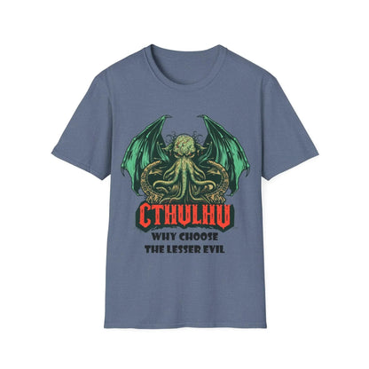 Close-up of the black unisex softstyle T-shirt neckline and upper chest showing subtle Cthulhu graphic detail and fabric