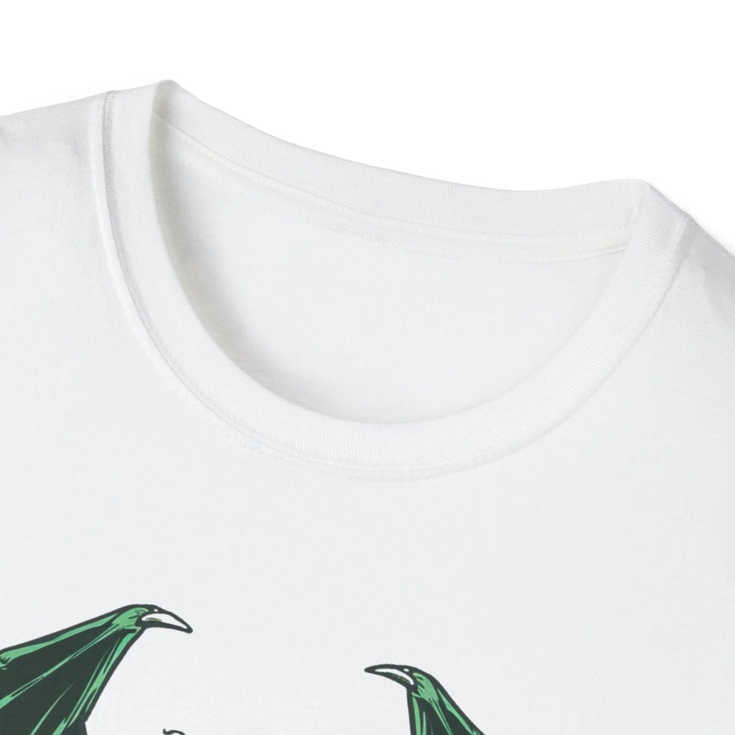 Close-up of the unisex softstyle fabric showing the heathered dark green color and smooth neckline stitching detail.