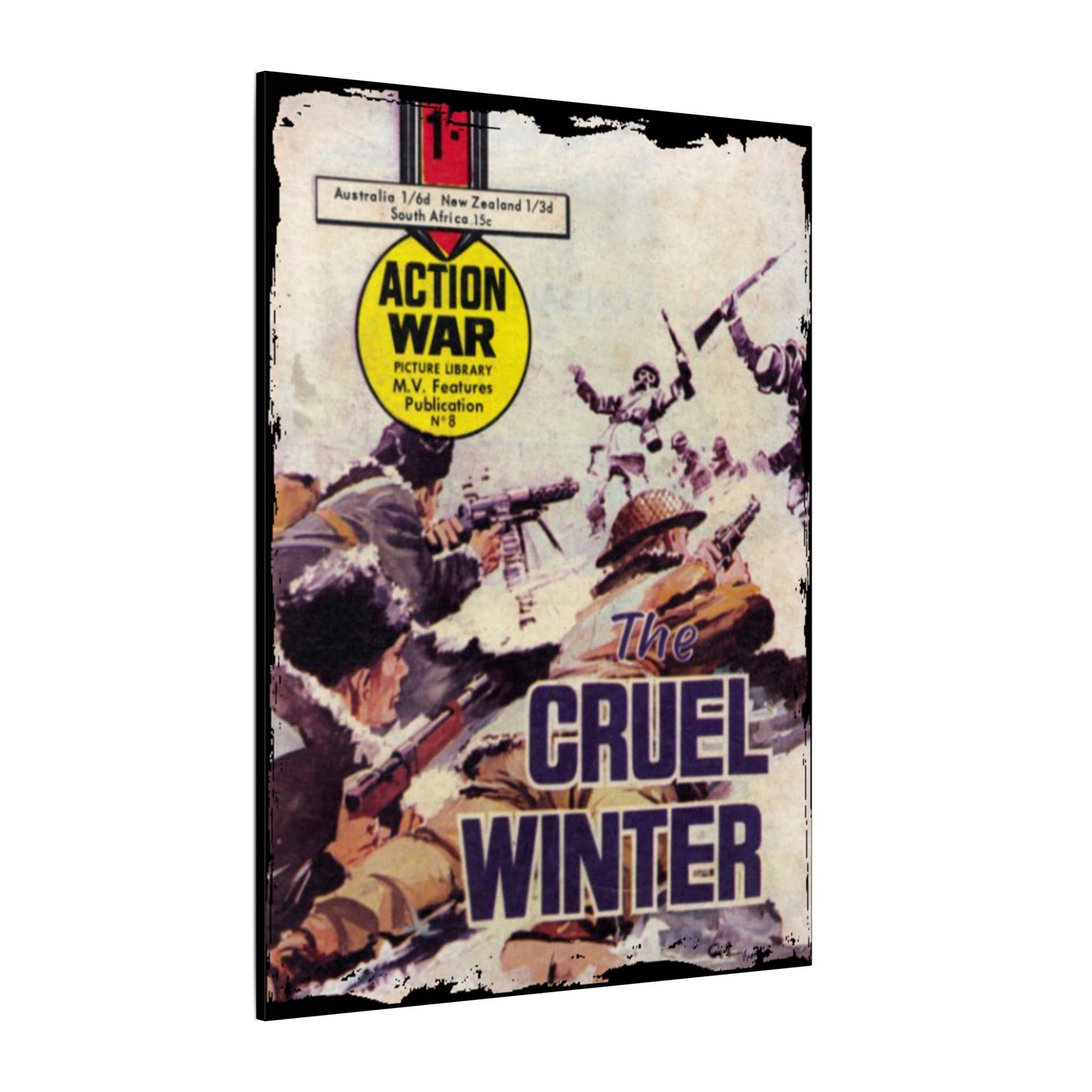 Close-up of the canvas texture with visible brushstrokes and vibrant color blending from the Action War #8 print, angled to